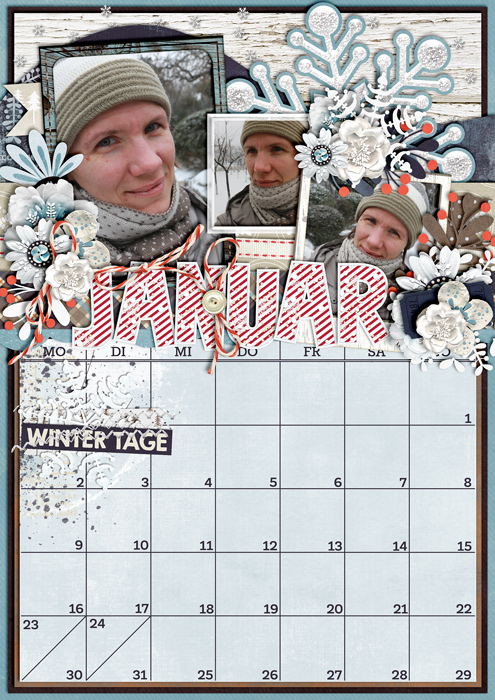 calendar 2017, digital scrapbook layout, misty hilltops designs, winter