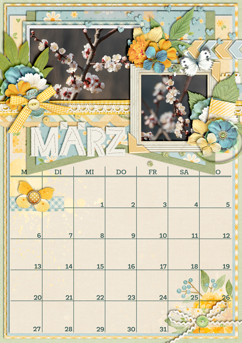 calendar 2017, digital scrapbook layout, misty hilltops designs, spring